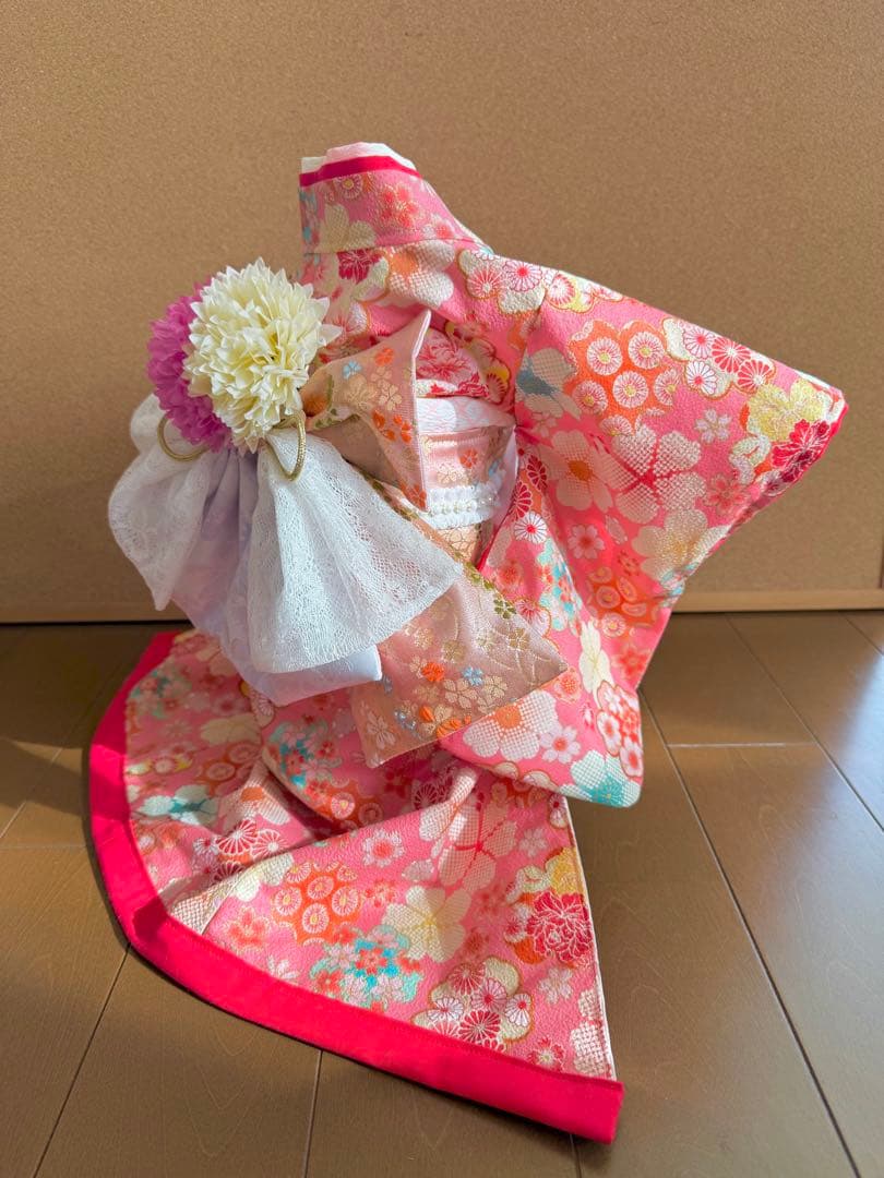 わんちゃん女の子　引きずり大振袖　ピンク花柄　Sサイズ