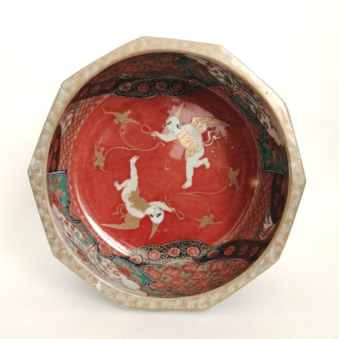 古伊万里　天使図　色絵　エンジェル　富貴長春　10角　大鉢