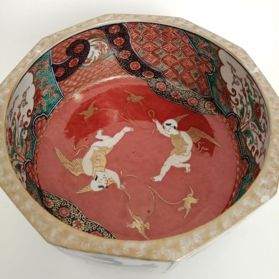 古伊万里　天使図　色絵　エンジェル　富貴長春　10角　大鉢