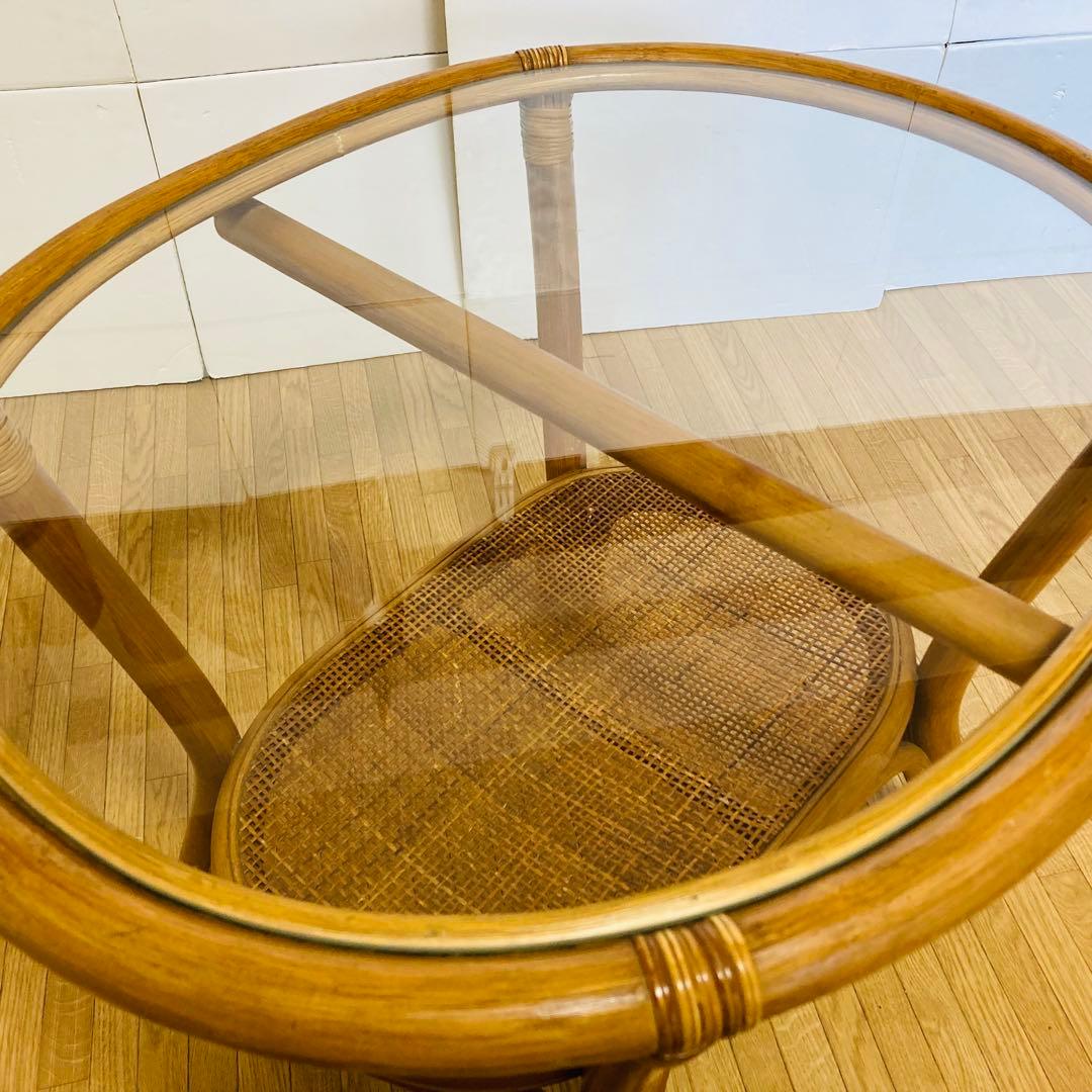 ヴィンテージ　ラタン　ガラス　天然素材　ローテーブル　ガラステーブル