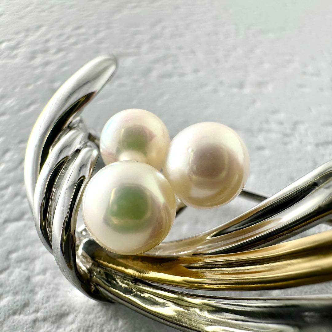 TASAKI　タサキ　3珠　パール付　コンビ　ブローチ　シルバー　K18