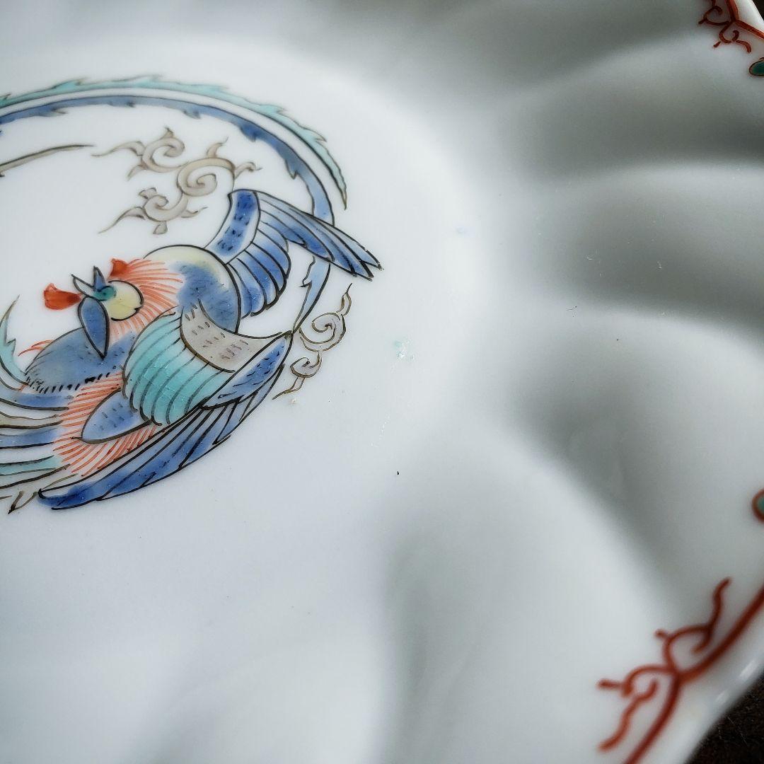 色絵付　皿　鳳凰　ねじり花弁縁　古伊万里　花文　唐草　銘　窯傷　イ号