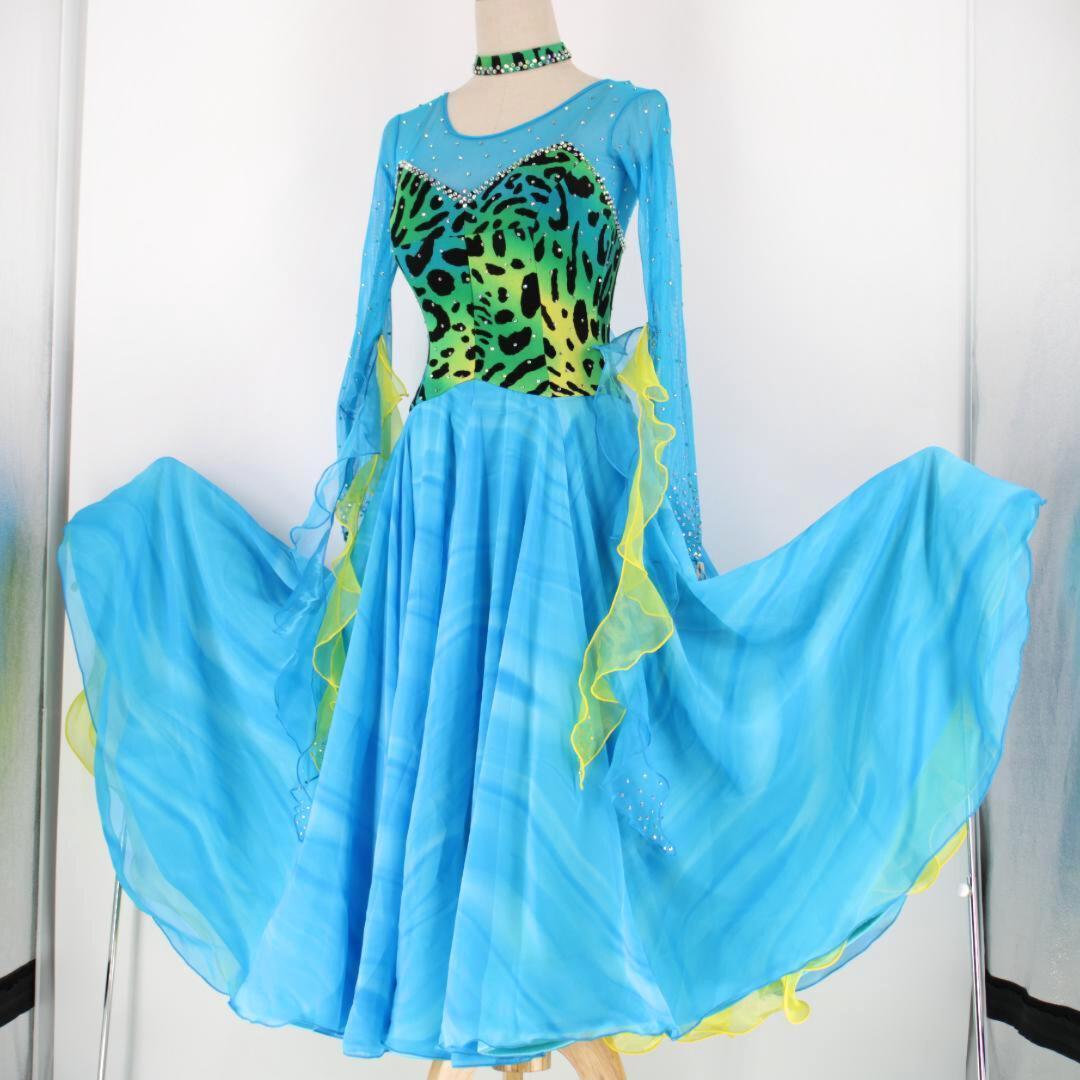 【美品 社交ダンス衣装】ブルー＆イエロー Tsukioka ワンピース ドレス