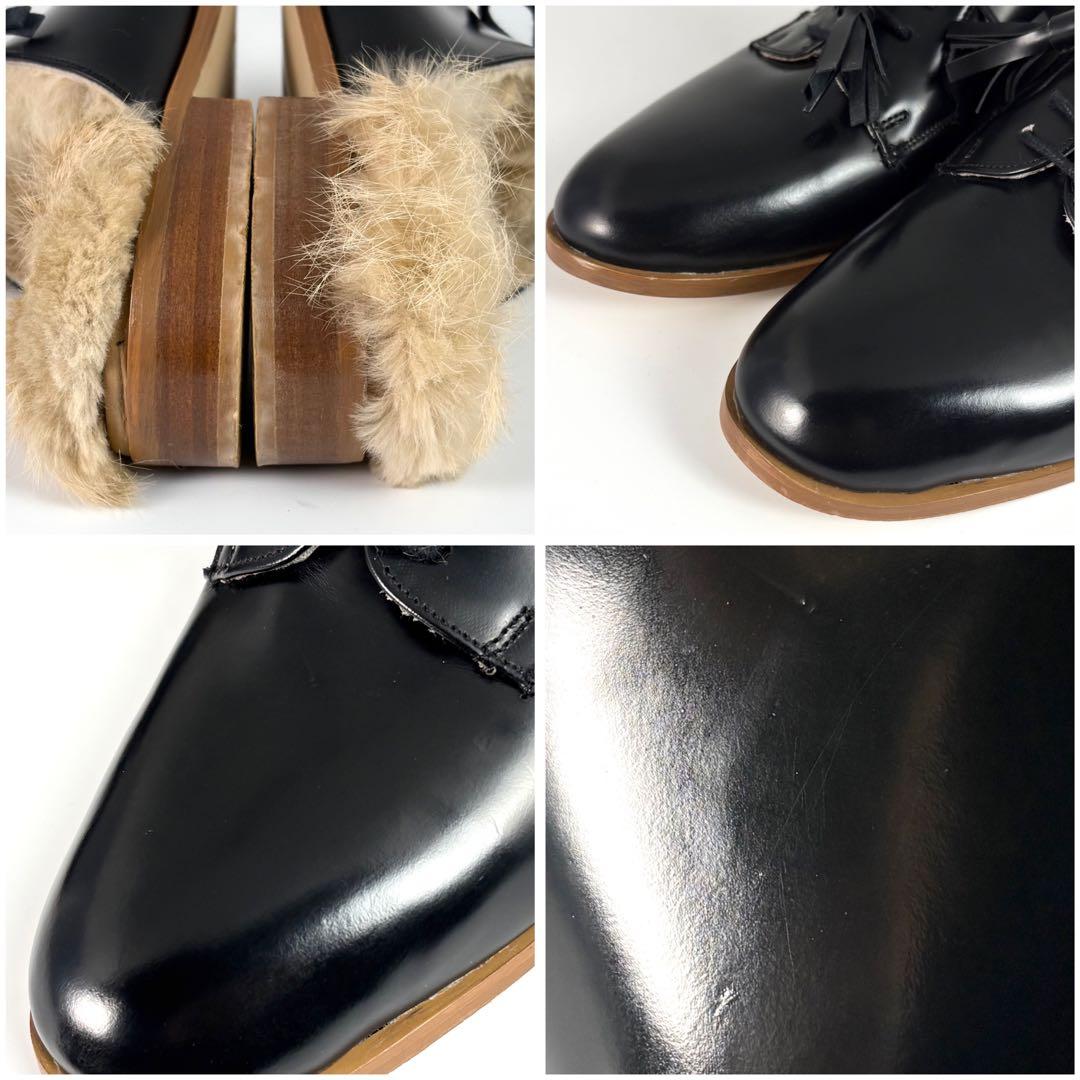 カミナンド ファー付き ミュール サンダル レースアップ ブラック 24cm