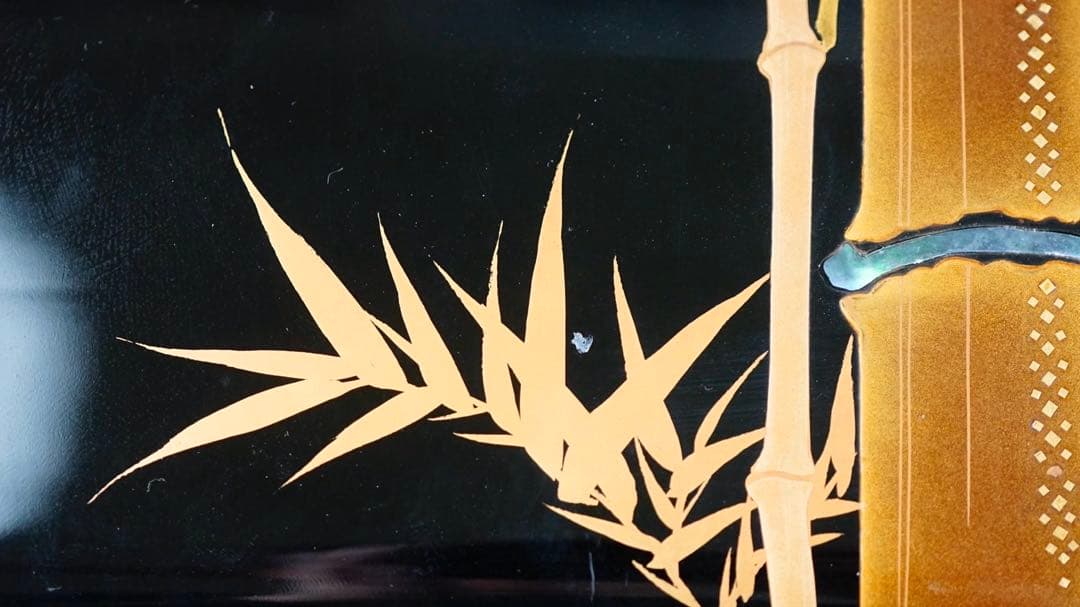 時代 竹梅蒔絵 家紋 内梨地 五段重箱 二枚蓋 螺鈿細工 青貝 木製 / 輪島塗