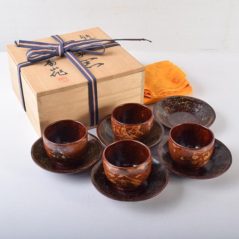煎茶道具　足助乾漆　高山兼山作　煎茶碗四客　茶托五客　共布共箱　V　R8679