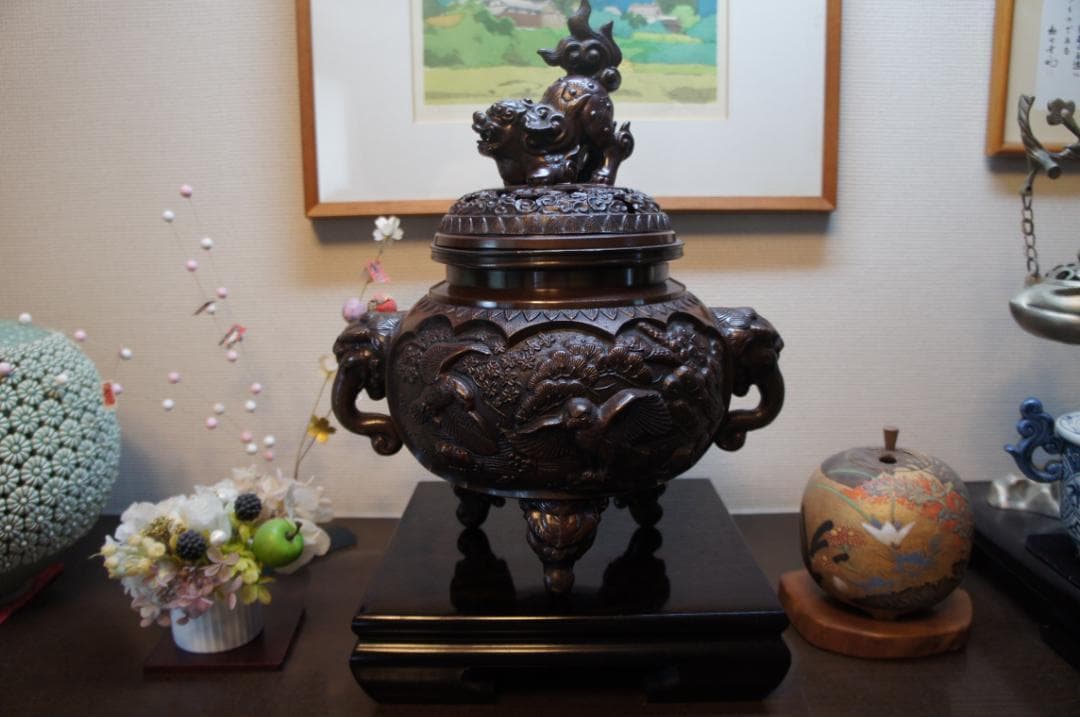 専用★美品 高岡銅器 瑞峰作 新特大 花鳥 高級銅製香炉工芸作家造 送料込み