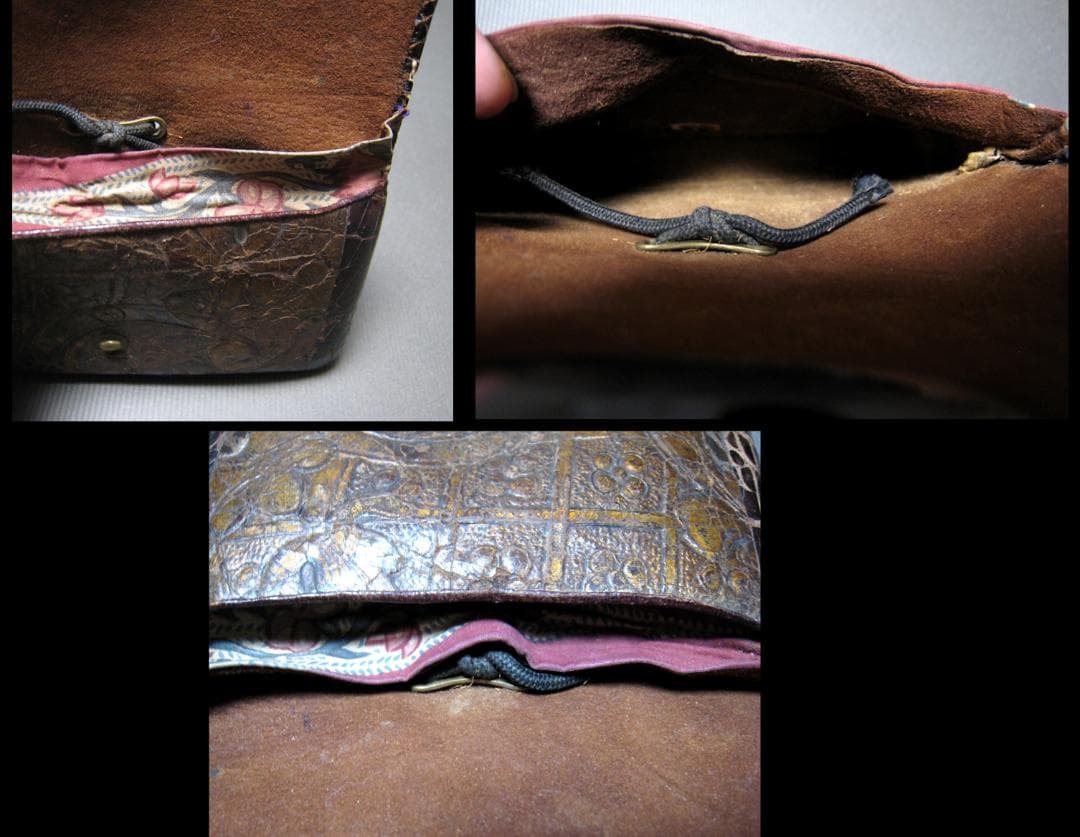 金唐革　花文　煙草入　煙管入　夫婦図　彫金　金具　瑪瑙　緒締　革製　提げ物　骨董