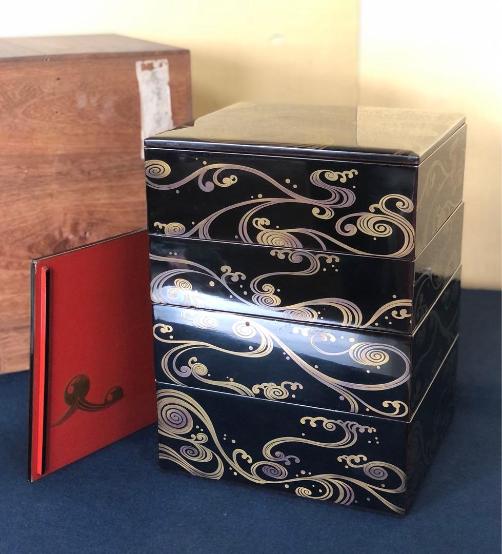 《R》黒内朱 波蒔絵 四段重 替蓋付 木製漆器 木箱　260121き6