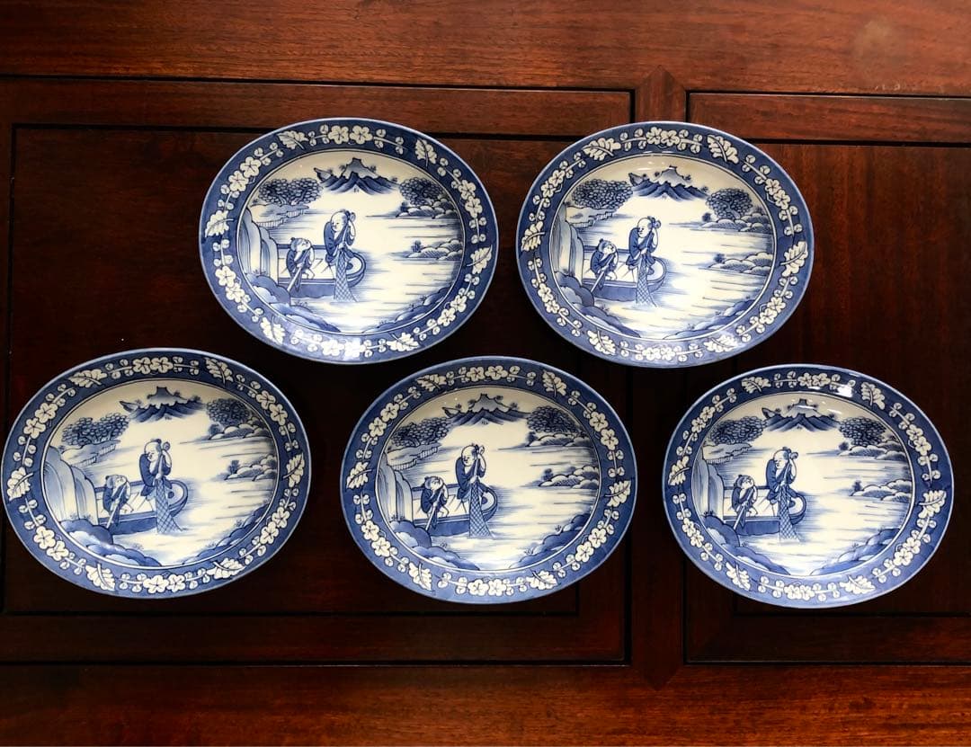 三川内焼　平戸祥山　手彩染付山水　舟に人物　5枚組