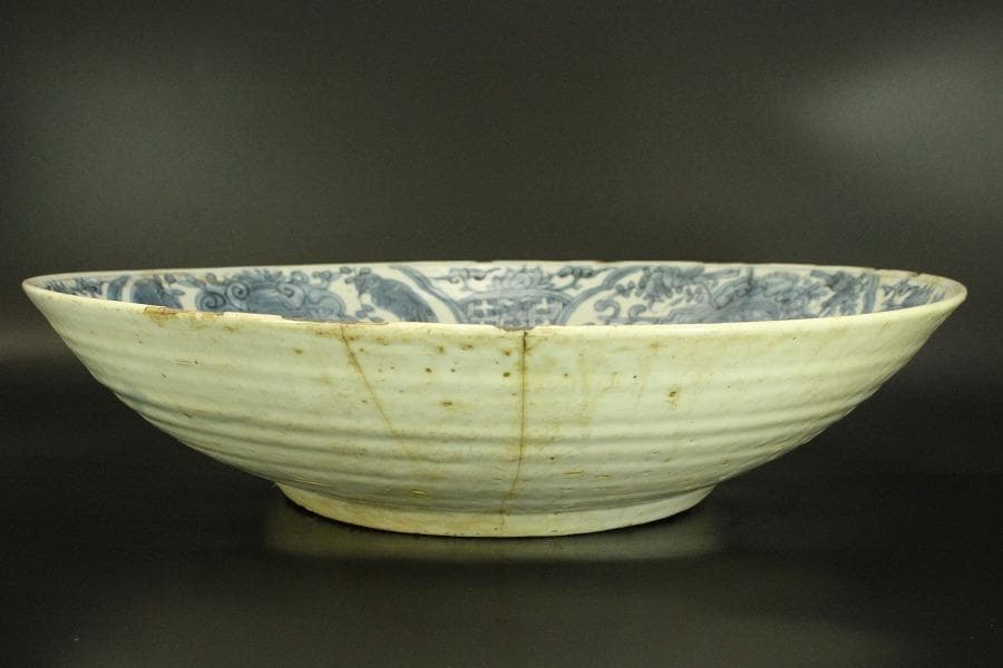 中国美術 青花 呉須 古染付 帆船図 大皿 φ47cm 明 貿易船(LC647)