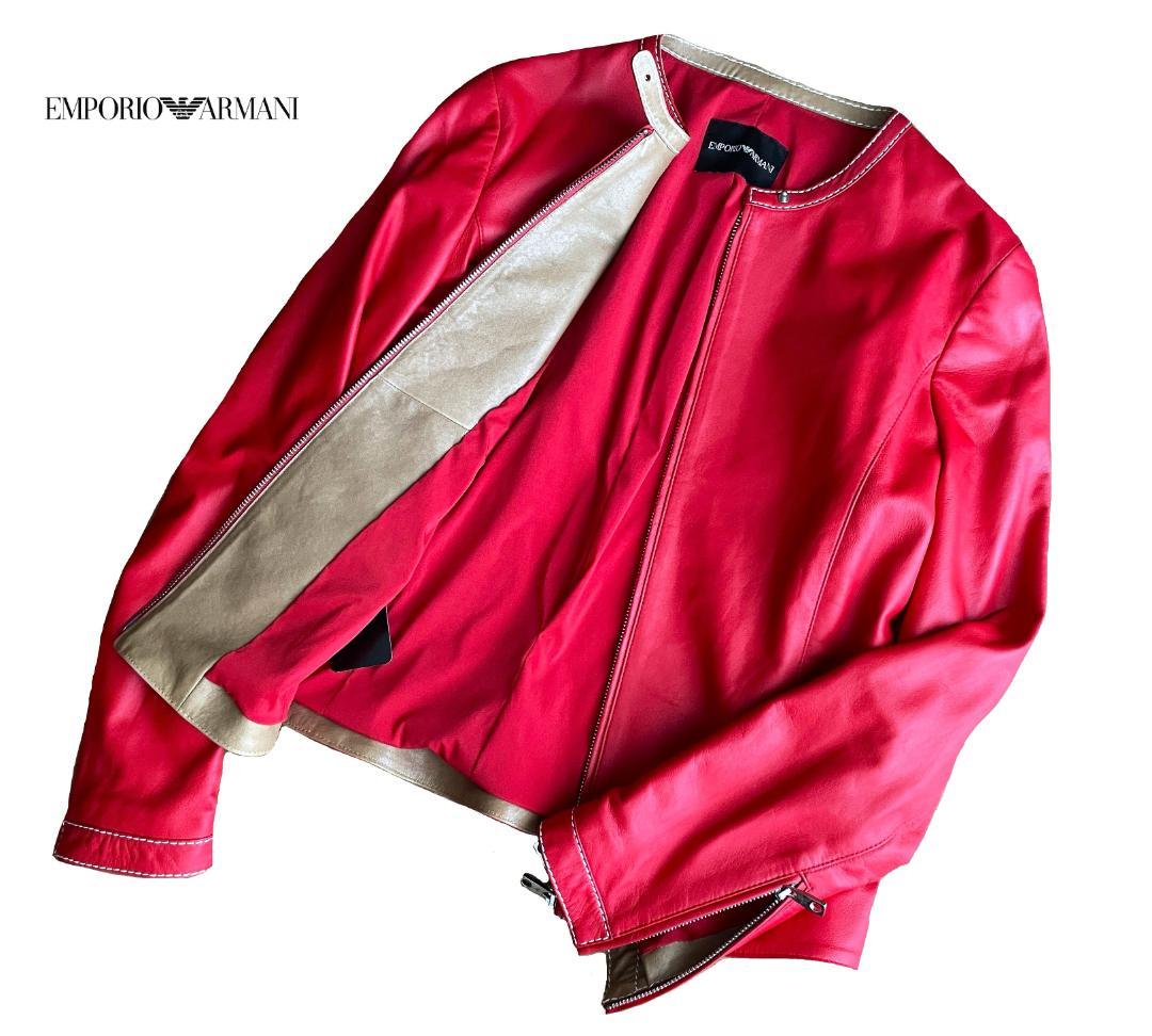 極美品 エンポリオアルマーニ 羊革 ラムレザー ライダース ジャケット 42 赤