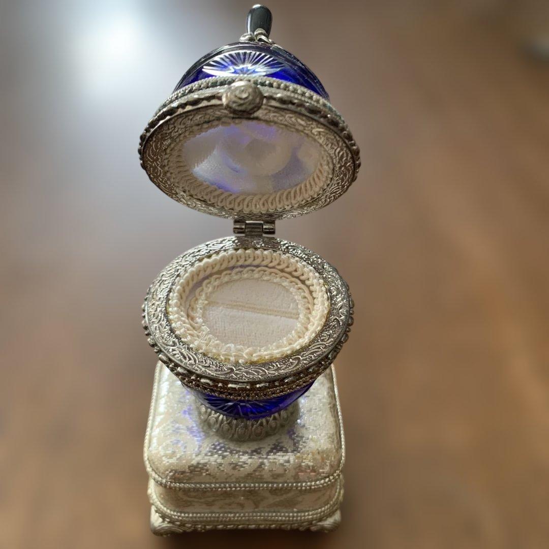 アンティーク⭐️コバルトブルー切子ガラス⭐️オルゴール付きリングケース⭐️蔵保管