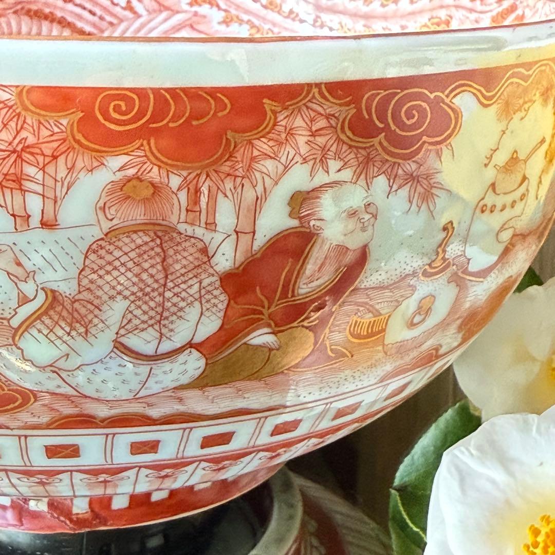 超限定28日20時迄‼️愛蔵品不世出超絶鳳凰＆賢人竹林図赤藍九谷赤呉須大鉢木箱入