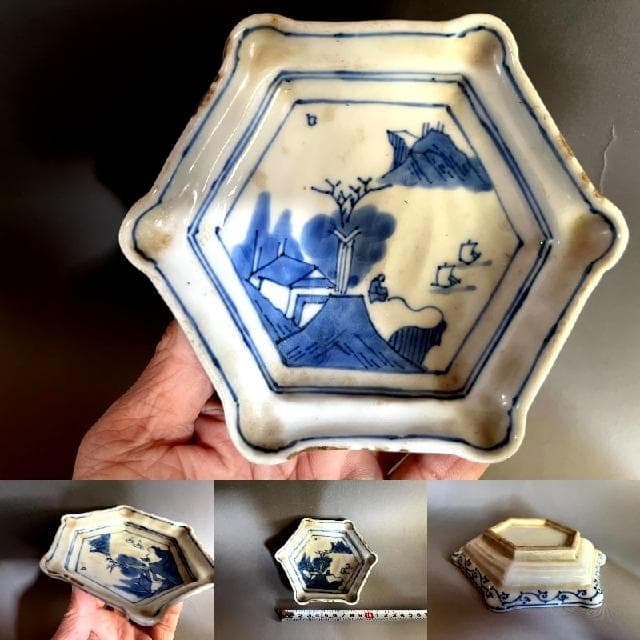皿■古伊万里染付山水人物六角形皿 江戸期 古染 輪花 古美術 時代物 骨董品■