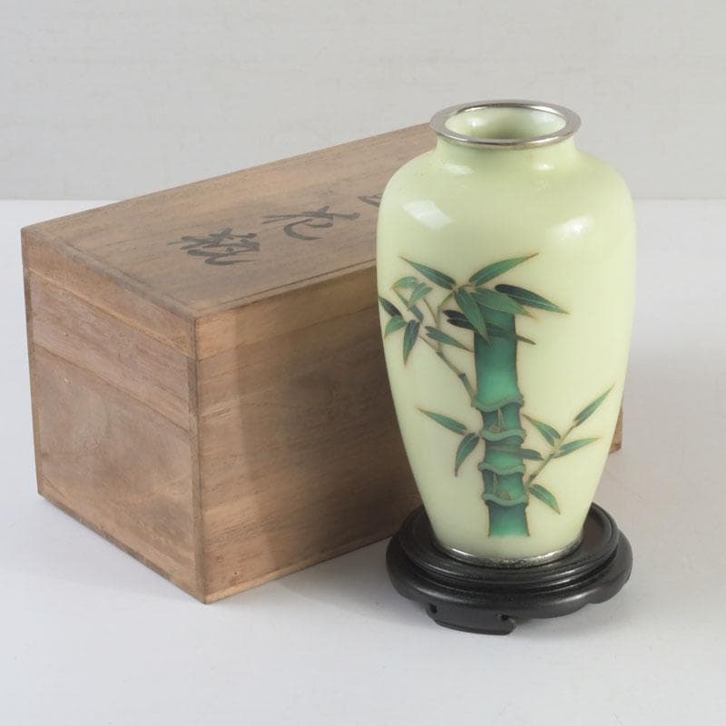 七宝焼　竹文　花瓶　唐木台・時代箱付　V　9462