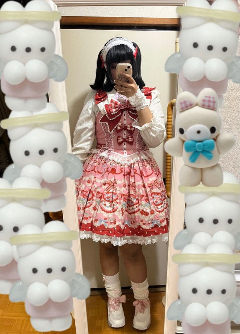 さくらんぼ チェリー柄 赤 ピンク ロリィタ ジャンパースカート 中華ロリータ