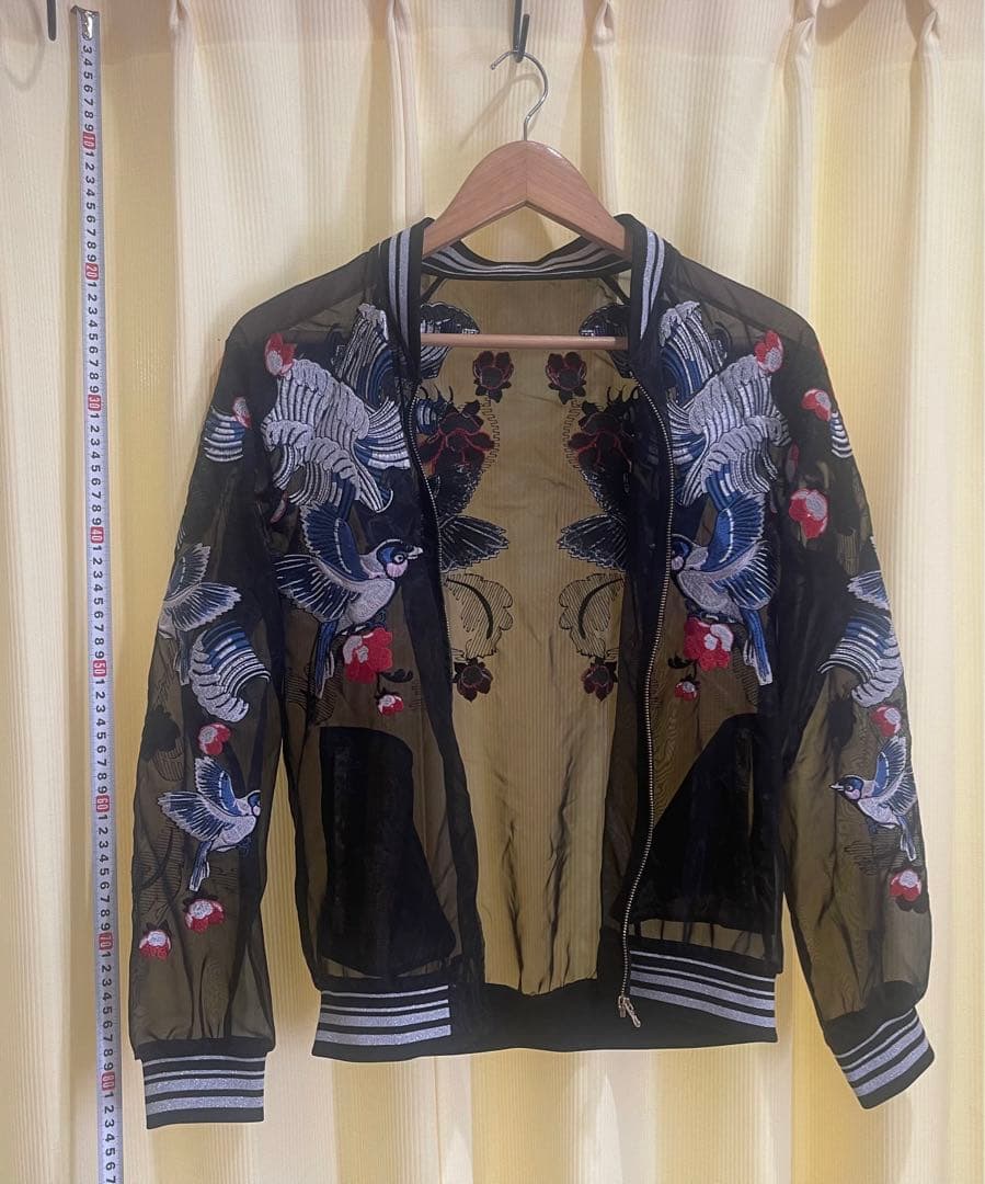 Ochirly(L)透けるスカジャンTATOO柄,春夏軽い,未使用に近い男女兼用