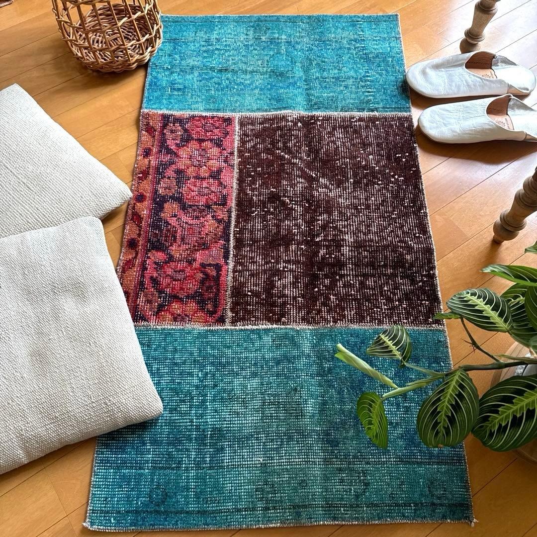 55×103 神秘的ブルー×ブラウン×ボタニカル　トルコヴィンテージラグ