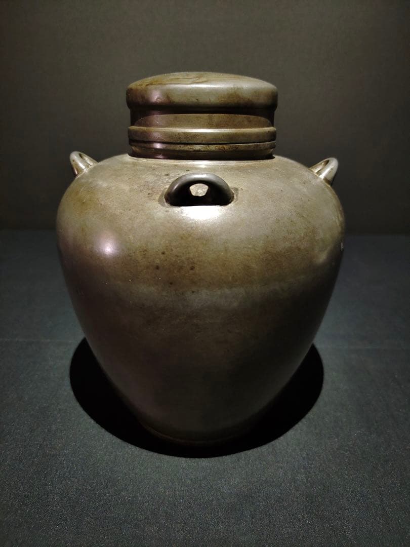 古錫 茶葉罐 藏六居造 「錫製無紋四系耳茶心壺」 茶筒 茶入 茶壷 茶道具 純錫