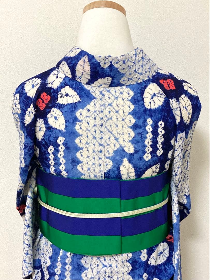 浴衣　有松鳴海絞り　縞と鉄線　裄68.5cm