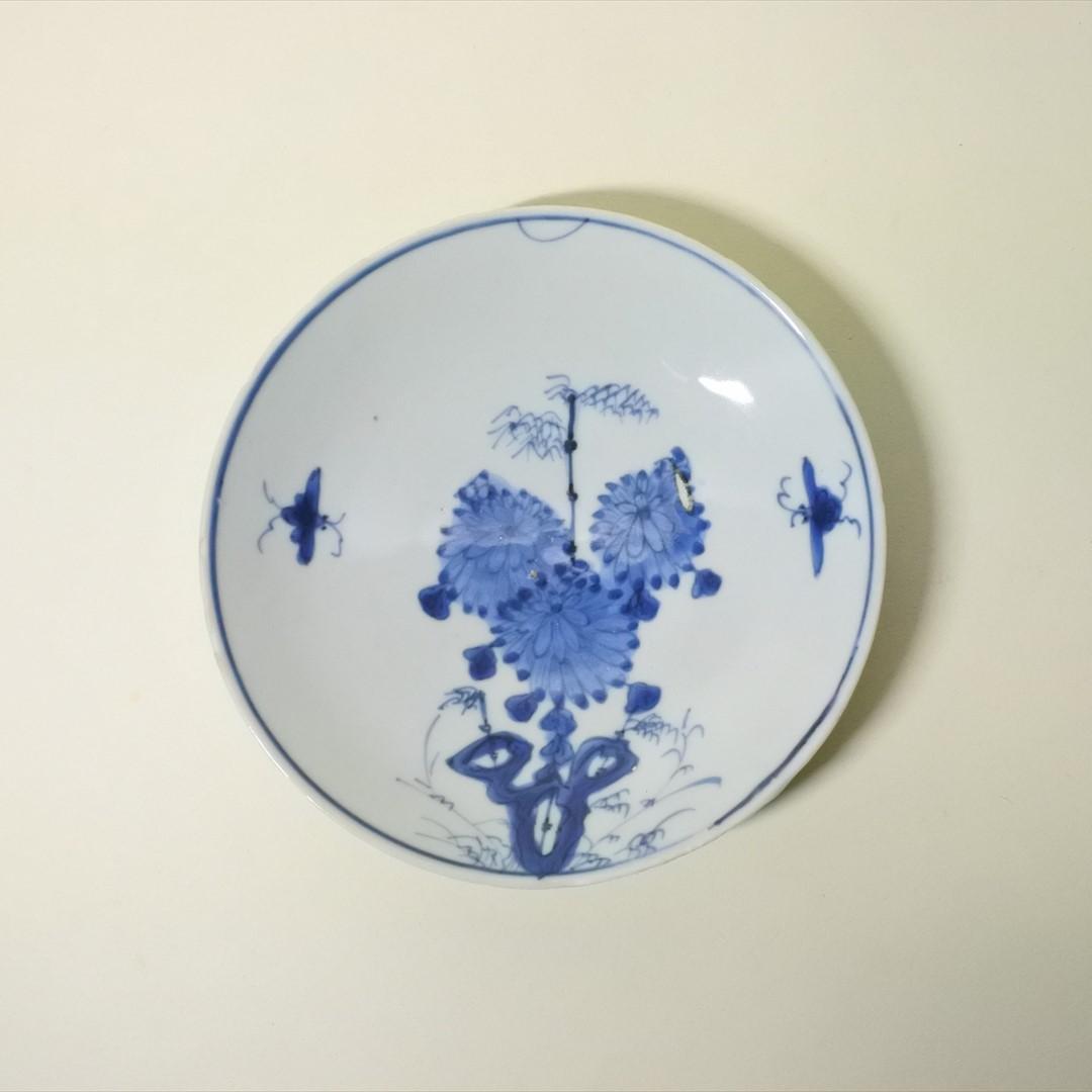 中国　明末清初　古染付　蝶　草花　皿　骨董品　アンティーク