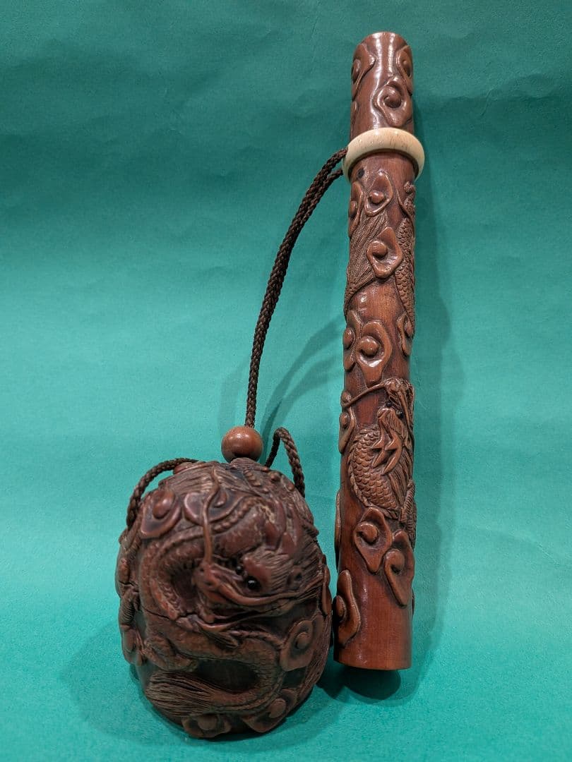 双龍彫刻 柘植製矢立、墨入れセットA3、日本製携帯用墨壺と筆入れセット、希少品、