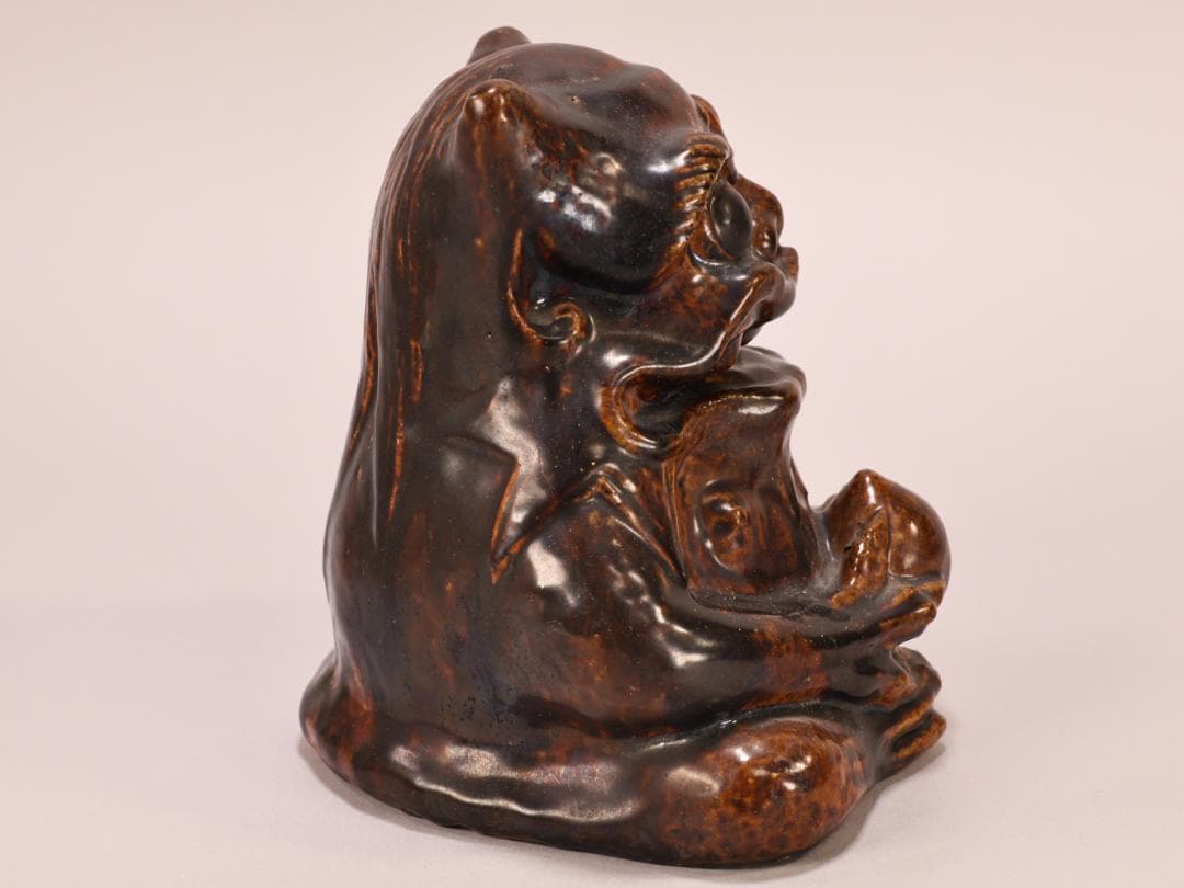 BK400　江戸期　古瀬戸焼　在銘あり　飴釉薬　鬼置物　魔除　風水