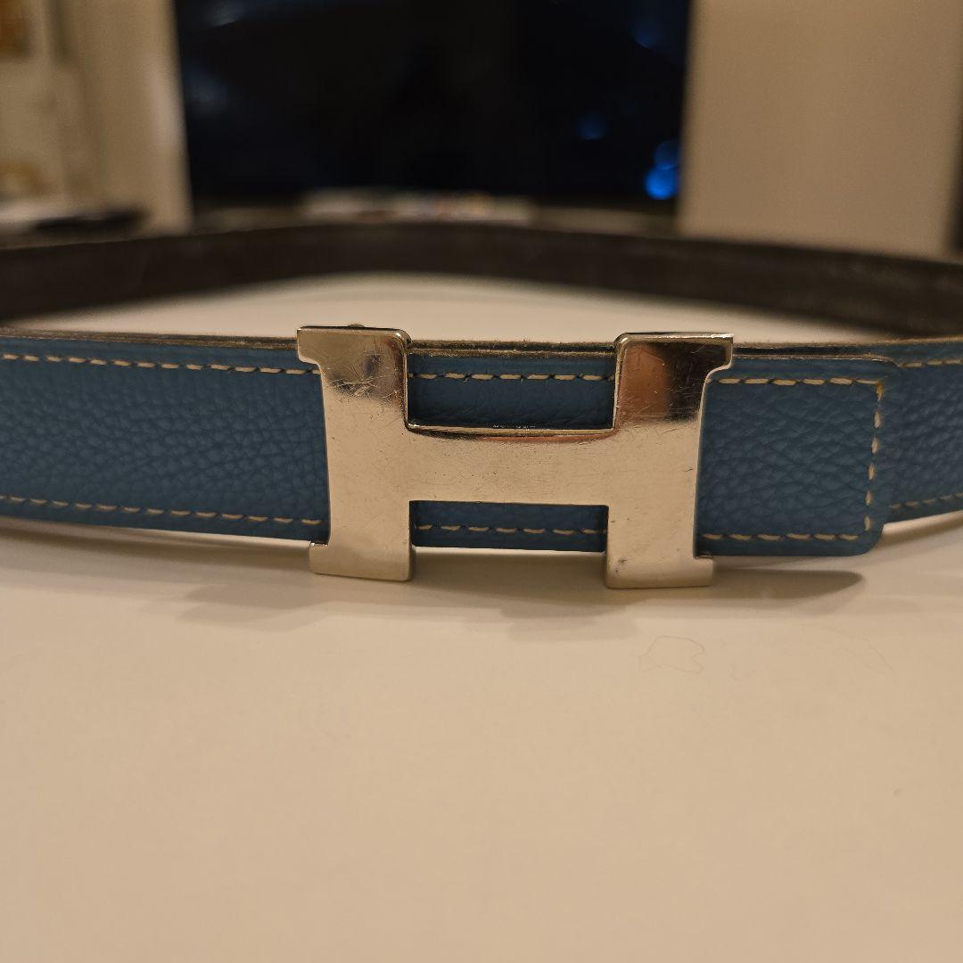 HERMES　青レザー H型バックル ベルト