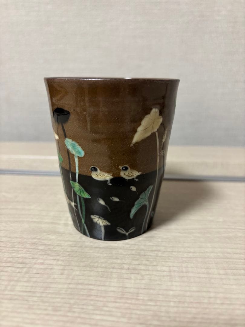 未使用_フジタチサト（スナフジタ）湯呑み 鯉 カモ ハス サイン有 新品 希少