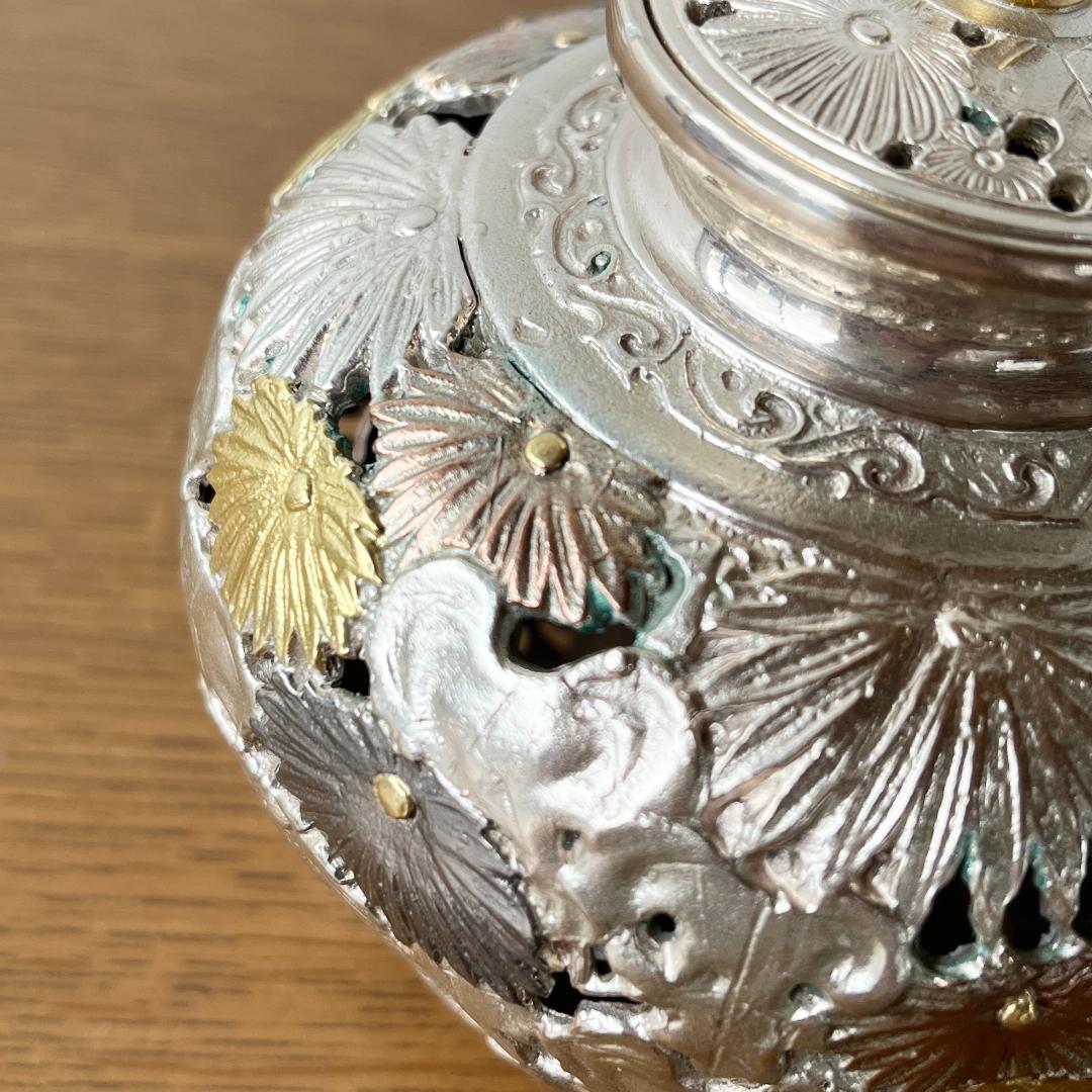 市橋敏雄 金銀彩 菊透かし文 華香炉 茶道具 共箱 未使用品