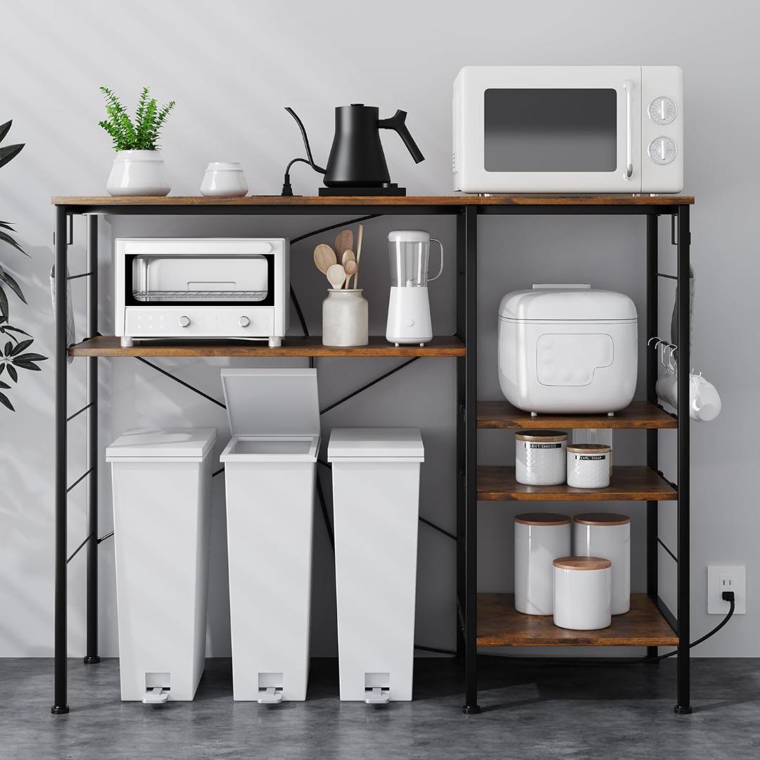 LunarLight レンジラック 食器棚 キッチン棚 コンセント付き 黒＆木目