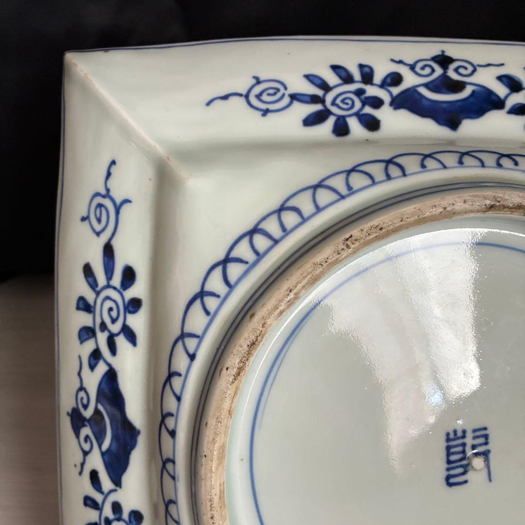 時代物 染付 牡丹文 角大皿 飾り皿 盛皿 骨董