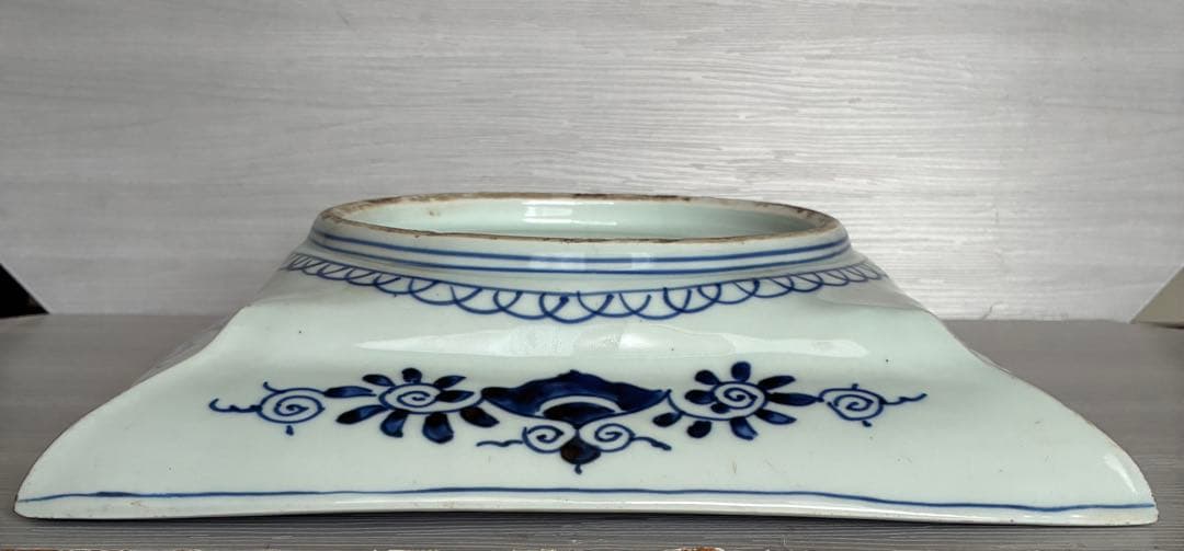 時代物 染付 牡丹文 角大皿 飾り皿 盛皿 骨董