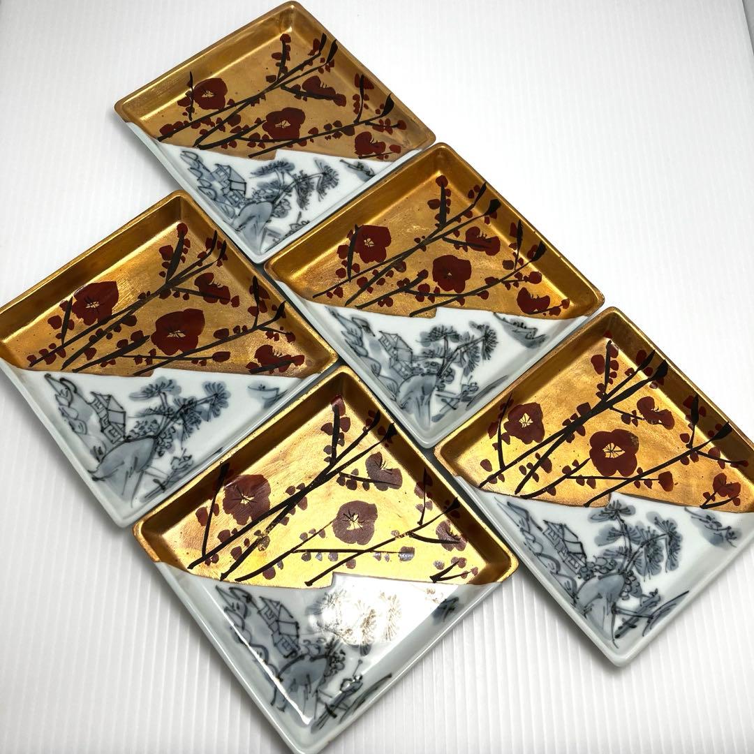 未使用 高級 有田焼 急須 器 湯呑み 四角皿 小皿 手書き 金 梅 セット