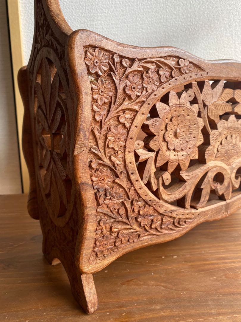 インド　アンティーク　木彫り　マガジンラック　天然木