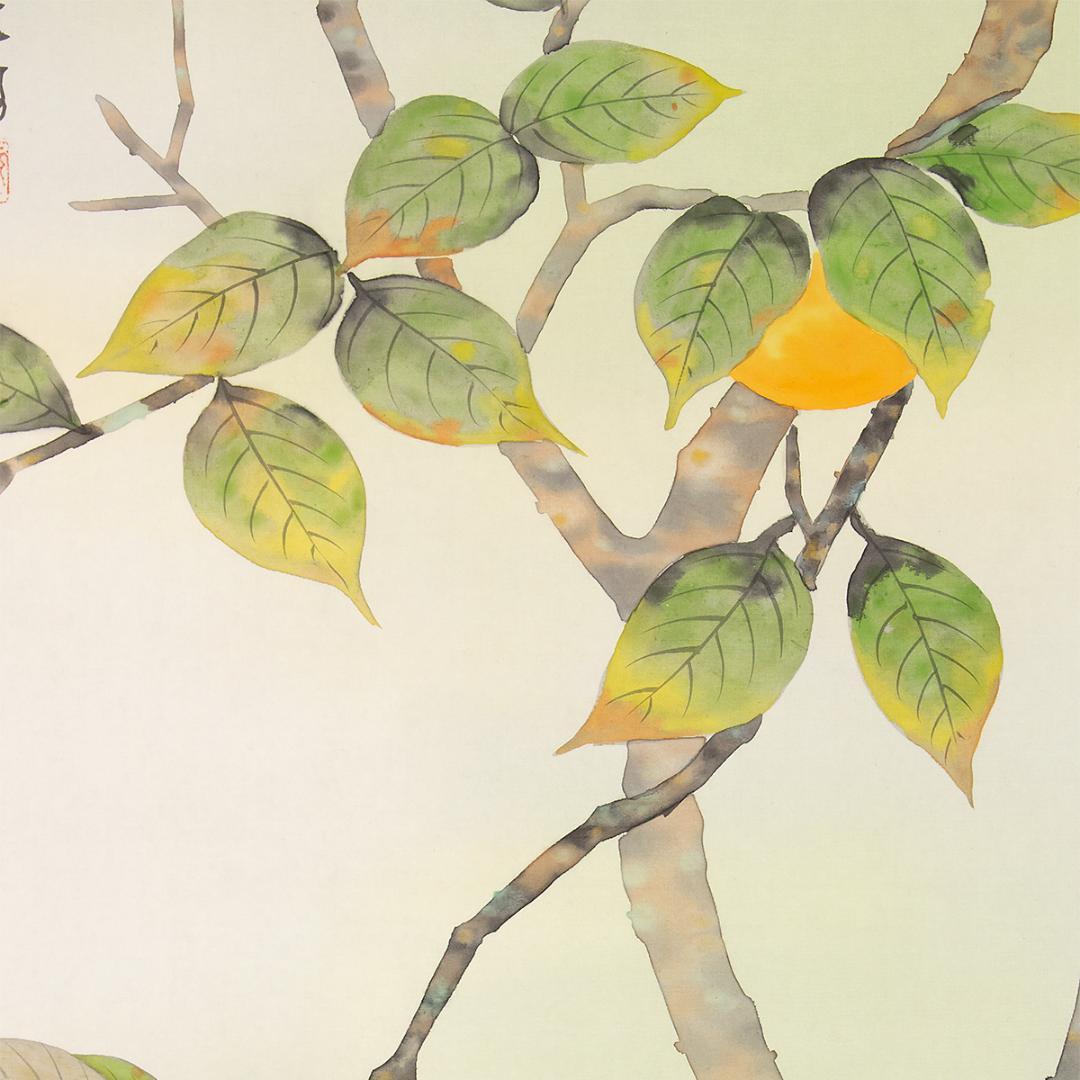 掛軸 日本画 箕輪虹游「柿」共箱 柿に小鳥図 秋掛け