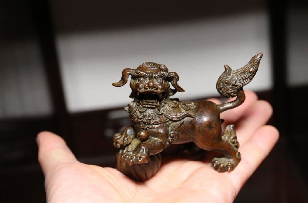 日本美術　龍文堂　安之介　古銅製　獅子香炉　木箱付き　時代物　古物　文房具