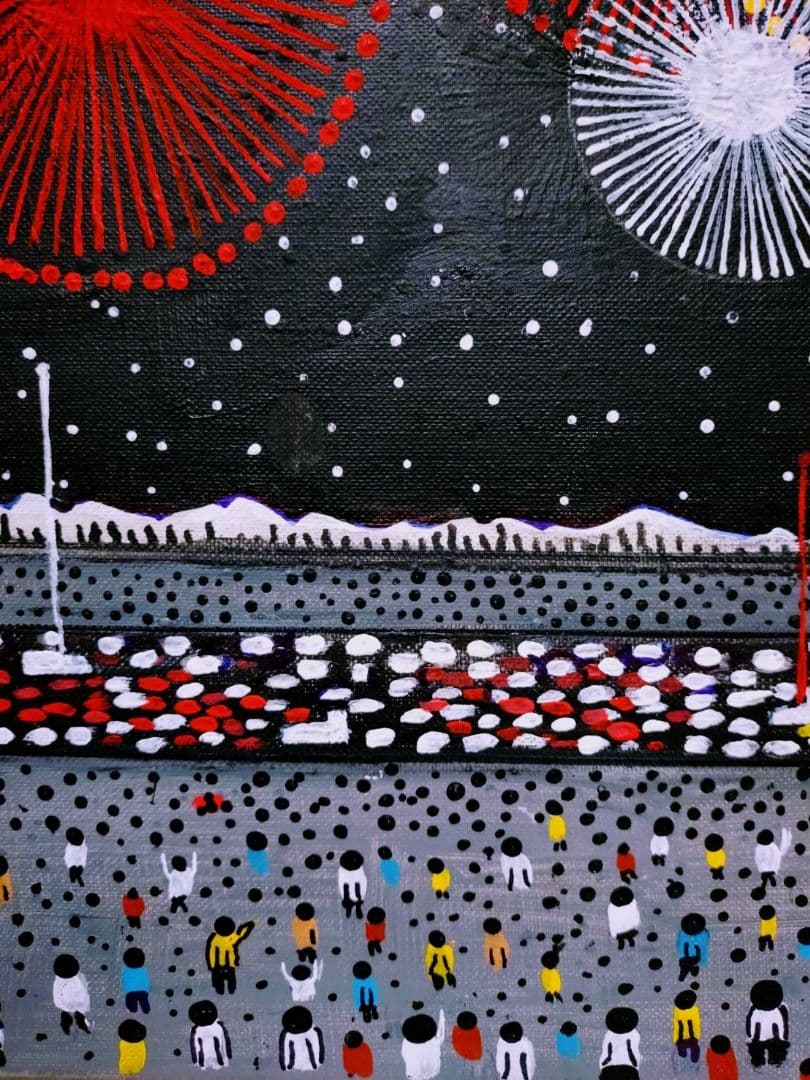 【F6号】山下清【長岡の花火】手描き/表裏サイン・共シール有り/油彩/油絵/額縁