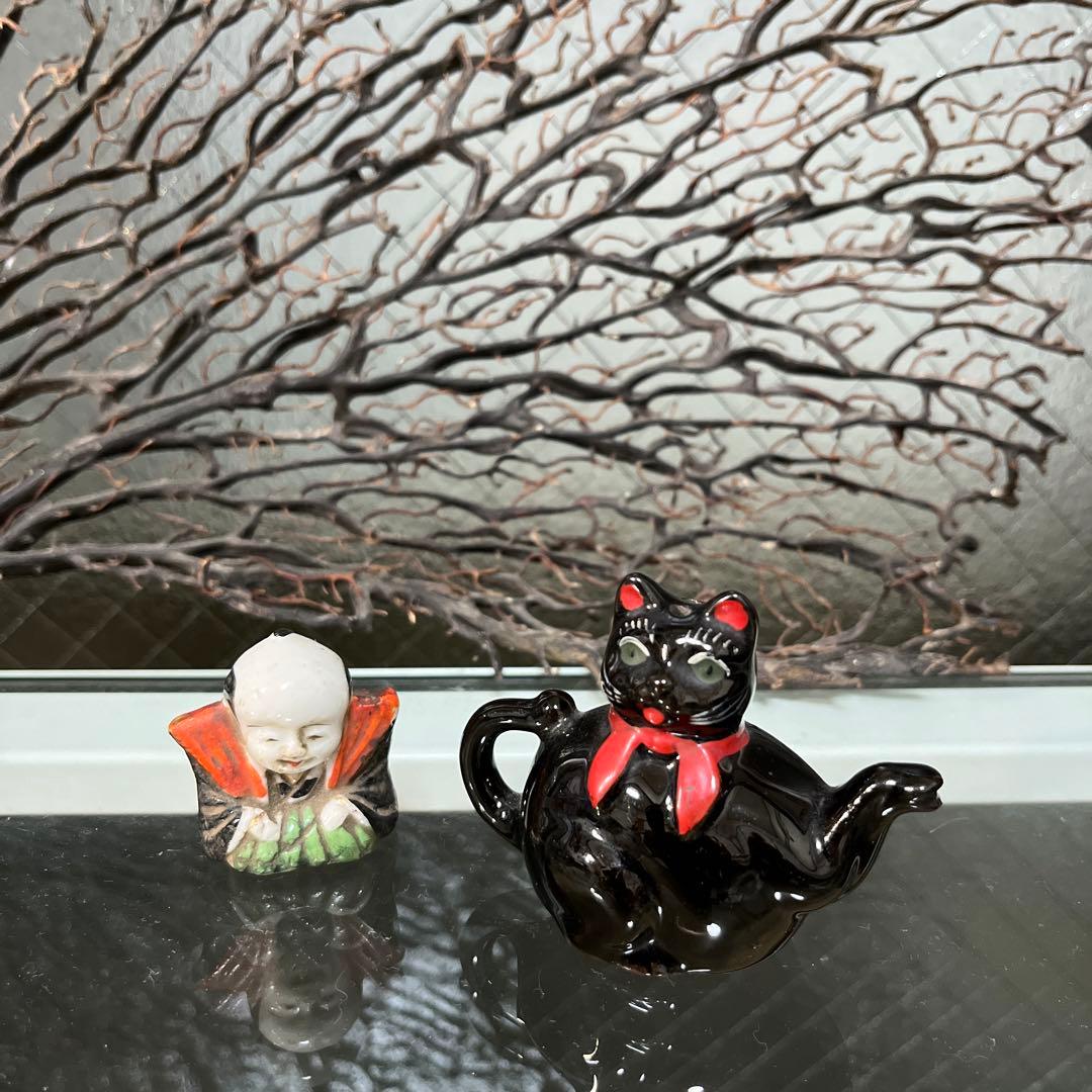 骨董　瀬戸　輸出用　希少　黒猫　招き猫　象コラボ　ティーポット　オブジェ　縁起物