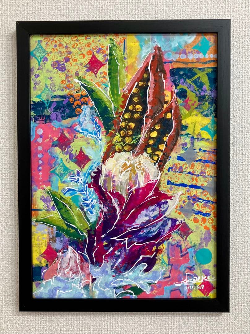 値下げ　原画　花　額付き　花の絵　静物画　絵画　アクリル画　現代アート　一点物