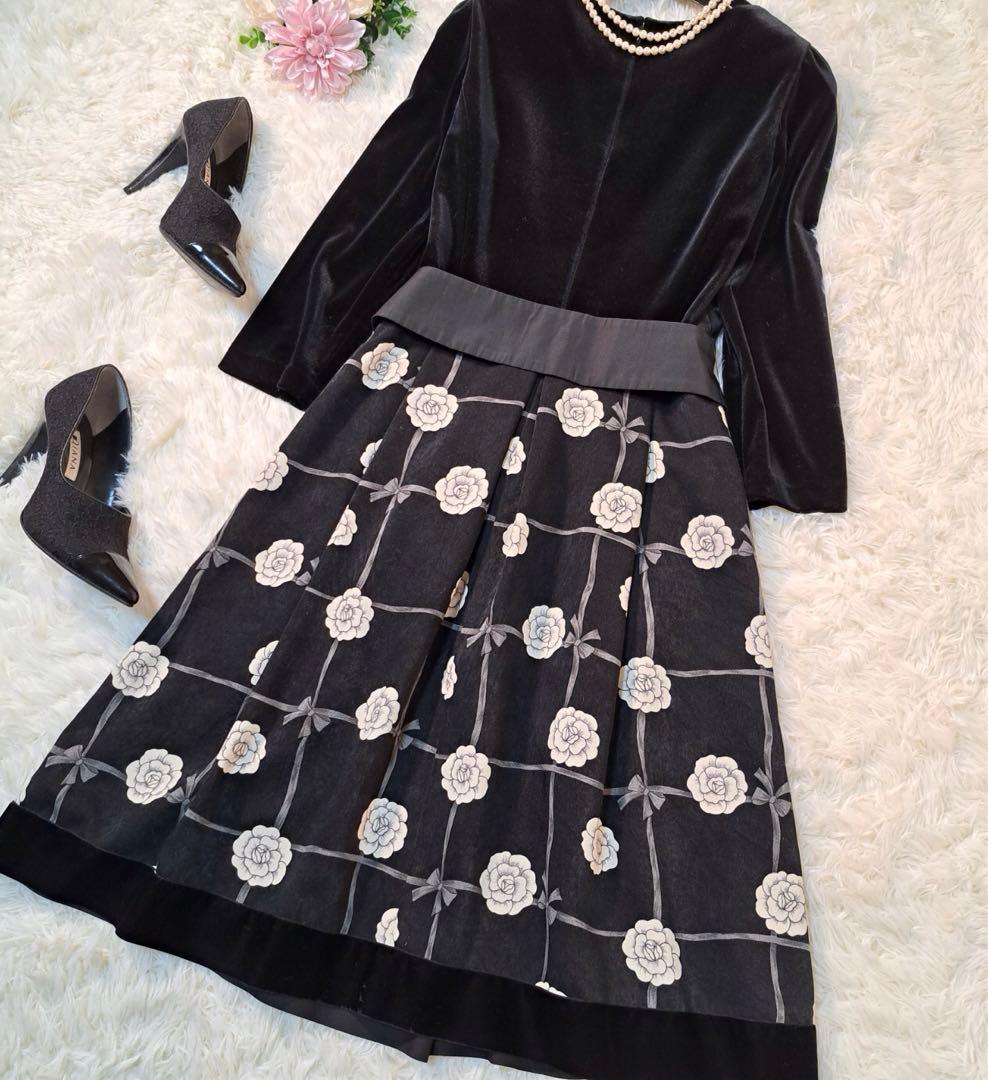 高級✨エムズグレイシー　スカート　花柄　ベロア　38 長袖　黒　リボン　M
