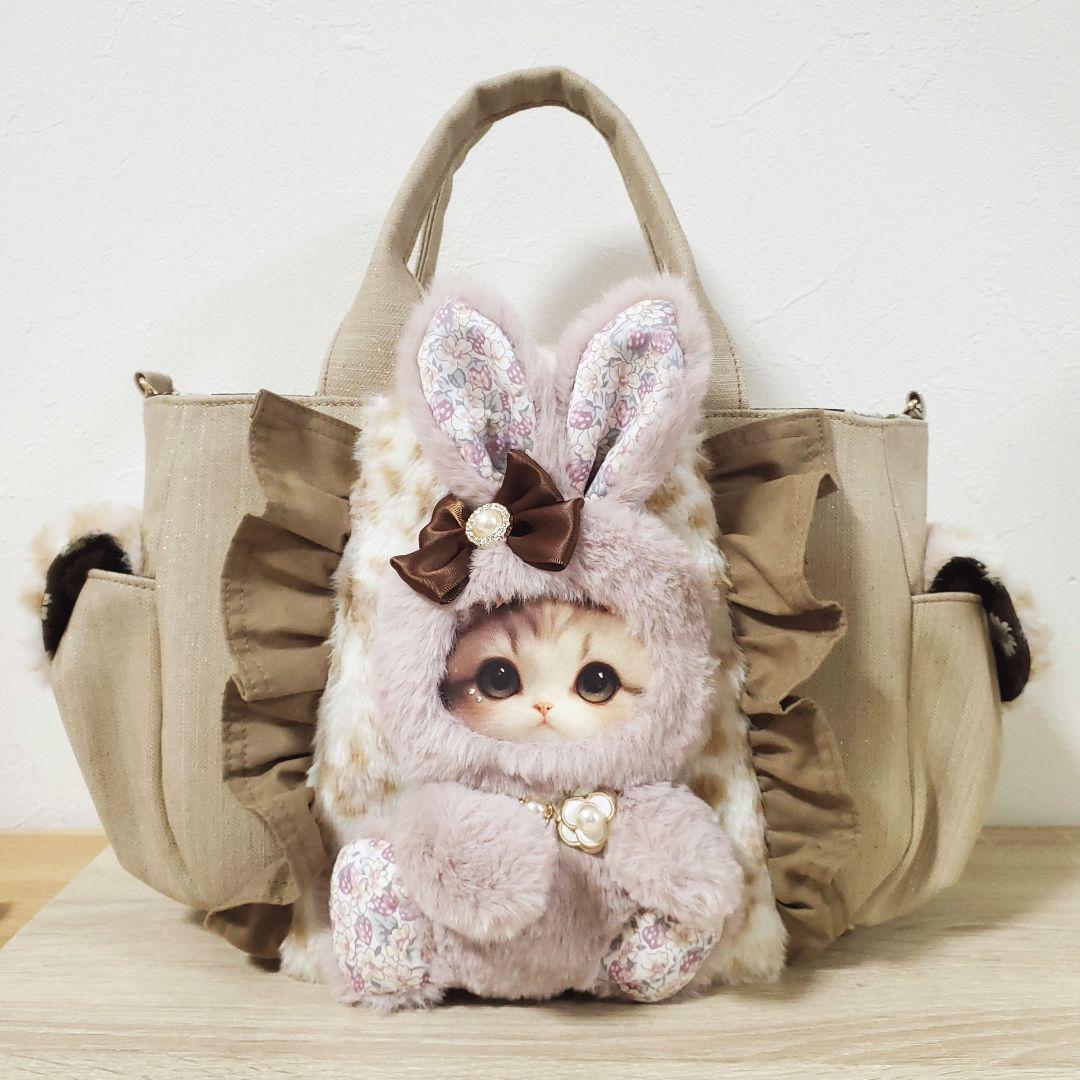 う*ん様 ハンドメイド サイドポケット付きトート バッグ ねこちゃん ぬいぐるみ
