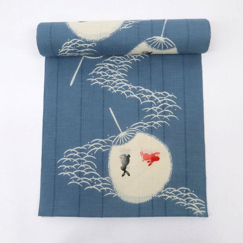 《綿麻紅梅◆浴衣反物■うちわにうさぎ露芝模様◆ブルー■夏着物■反25-35》