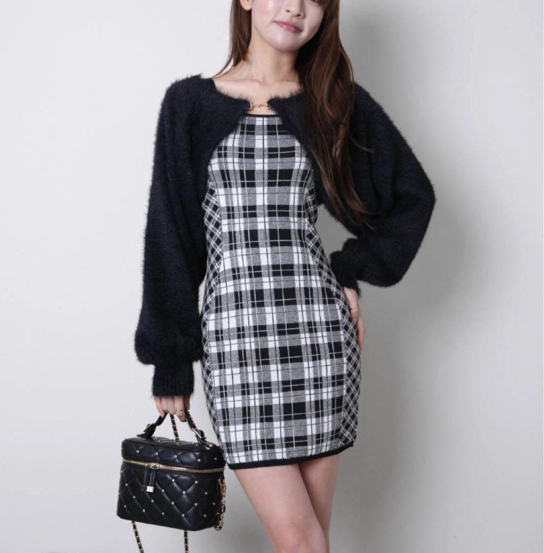 12新品リップサービス定価13090円フェザーチェックアンサンブルワンピース黒S