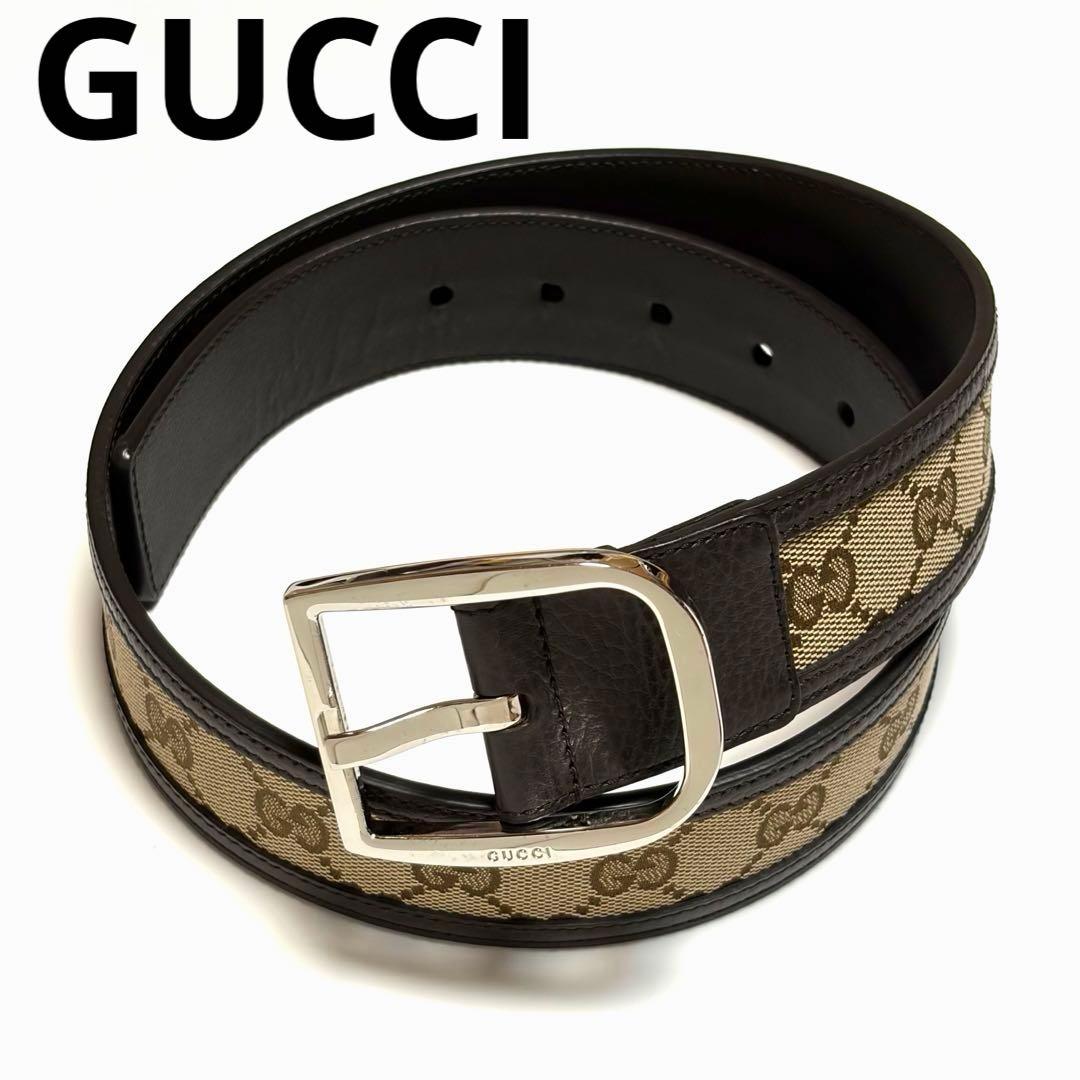 GUCCI ベルト GGキャンバス レザー ブラウン シルバー 美品
