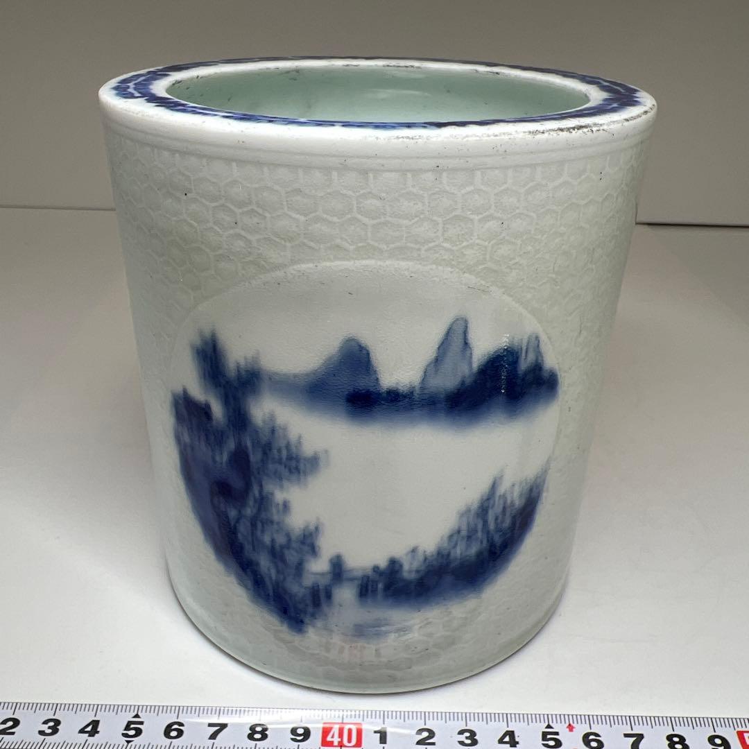 中国清時代　大清雍正年製　青花筆筒　高さ14㎝　東Y7-1003⭐︎2Fタサオ
