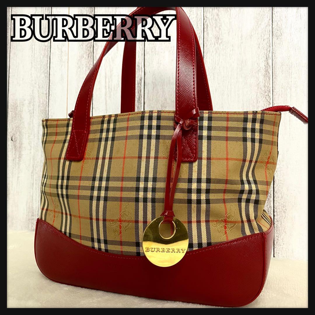 【定番人気】バーバリー ハンドバッグ キャンバス ノバチェック レッド チャーム