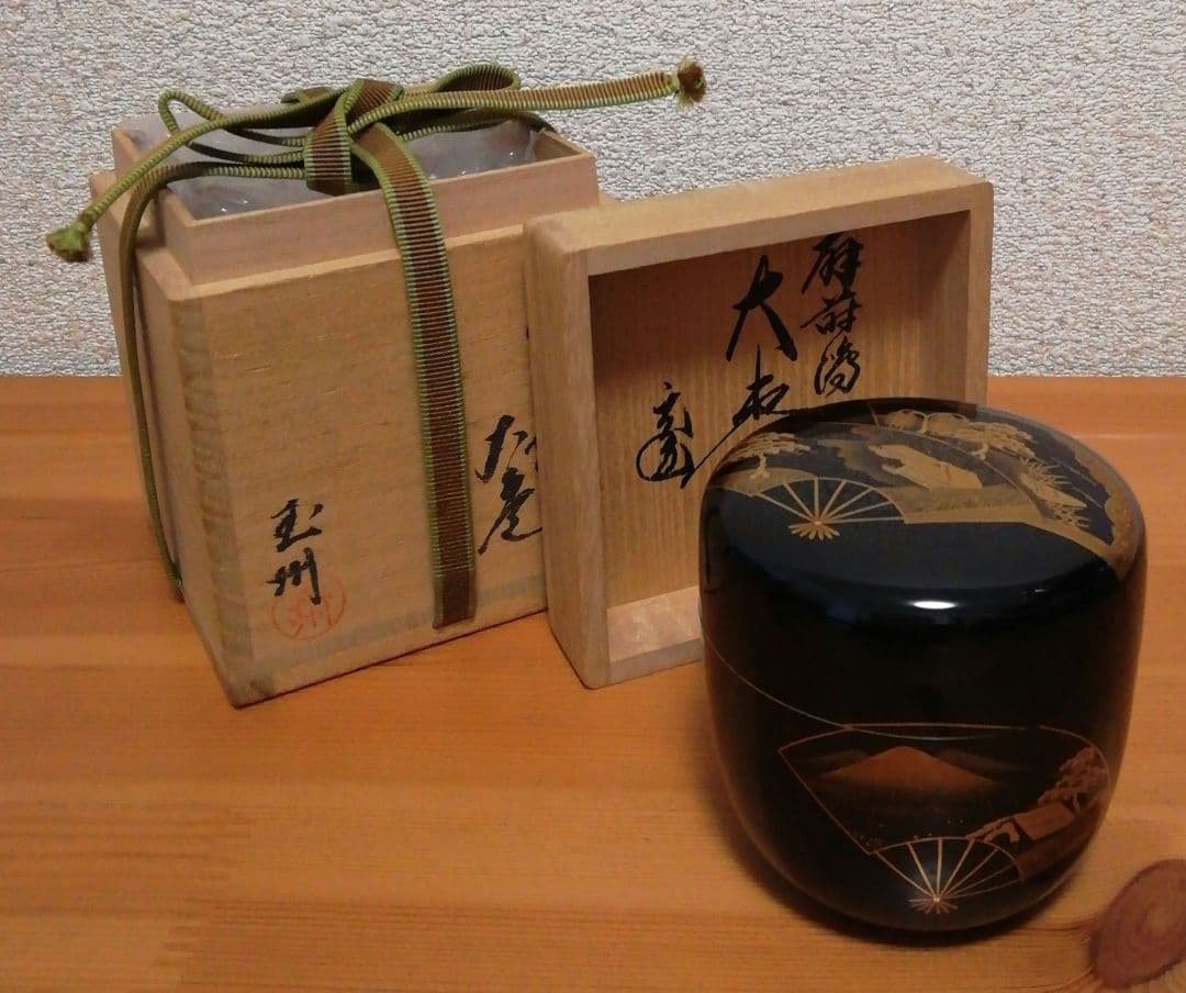 鵬雲斎書付　玉州作　扇　蒔絵　梨地　棗　共箱　茶道具