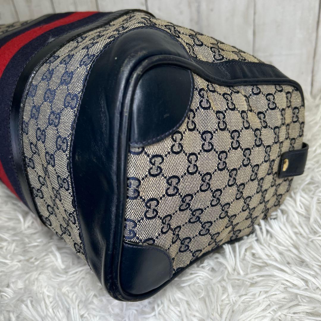 GUCCI GGキャンバス　シェリーライン　ボストンバッグ　ハンドバッグ　紺